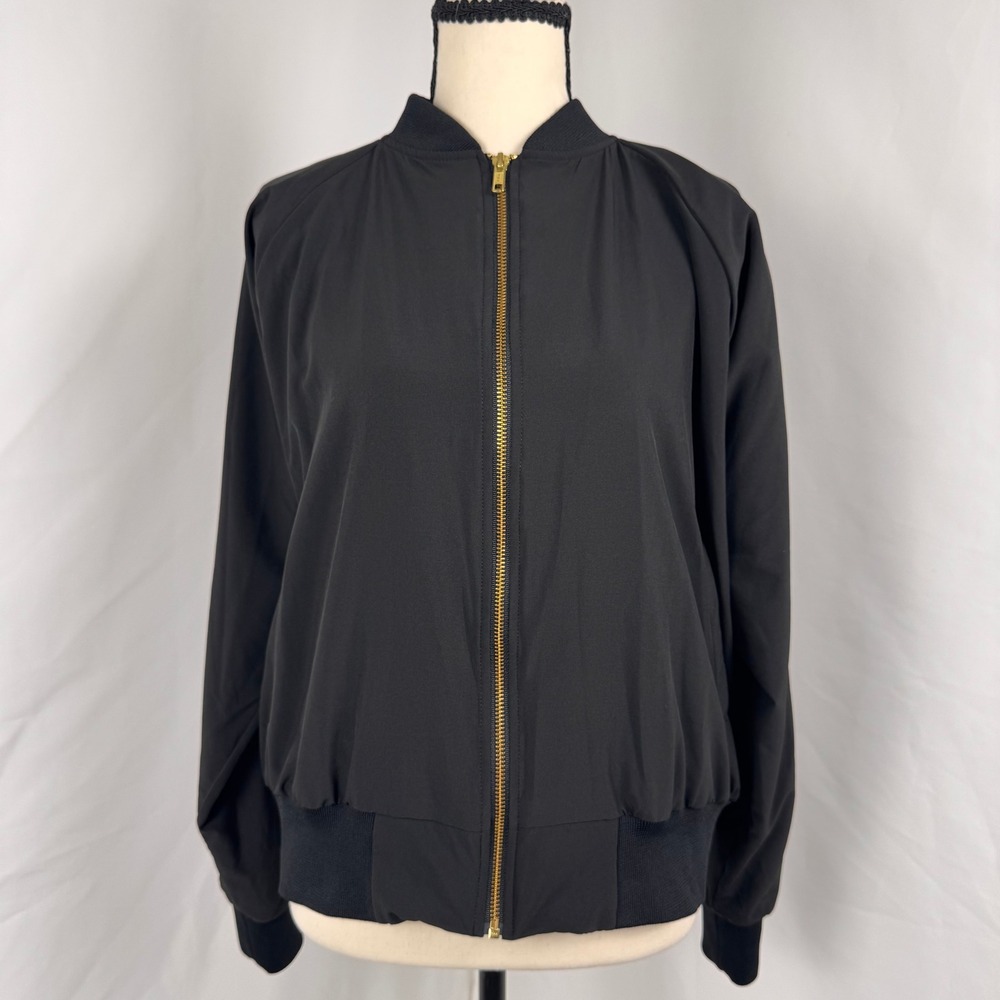 Albion Bomber Jacket Women Large Black Zip Up Utility Pocket Gold Tone Zippers